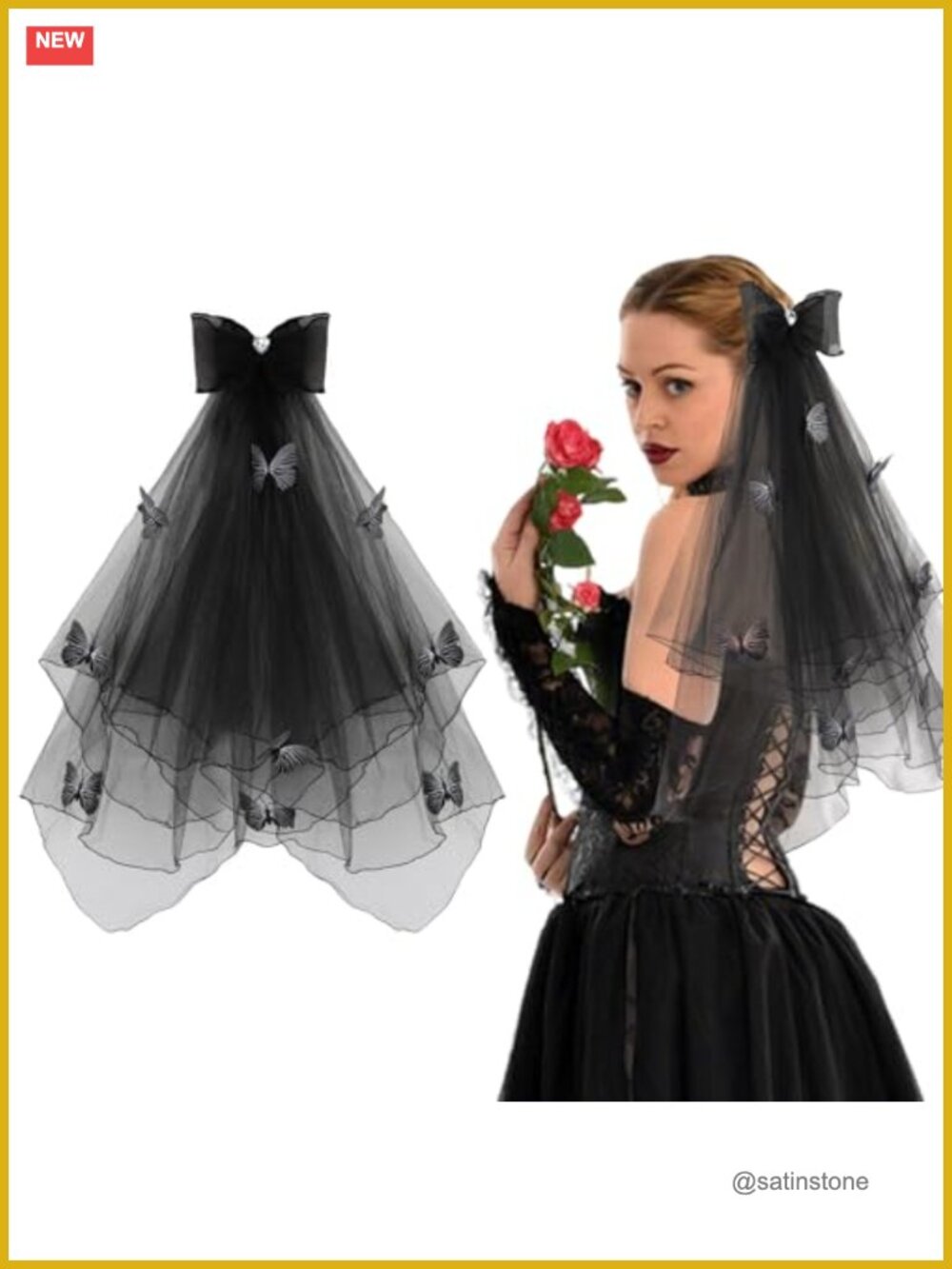 Gauze Black Veil Butterfly Bow Rhinestone Gothic Bridal Halloween
